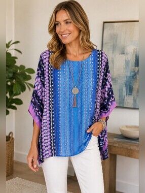 Bob Mackie Wearable Art XL Blouse Blue Purple Abstract Print Kimono Sleeve State